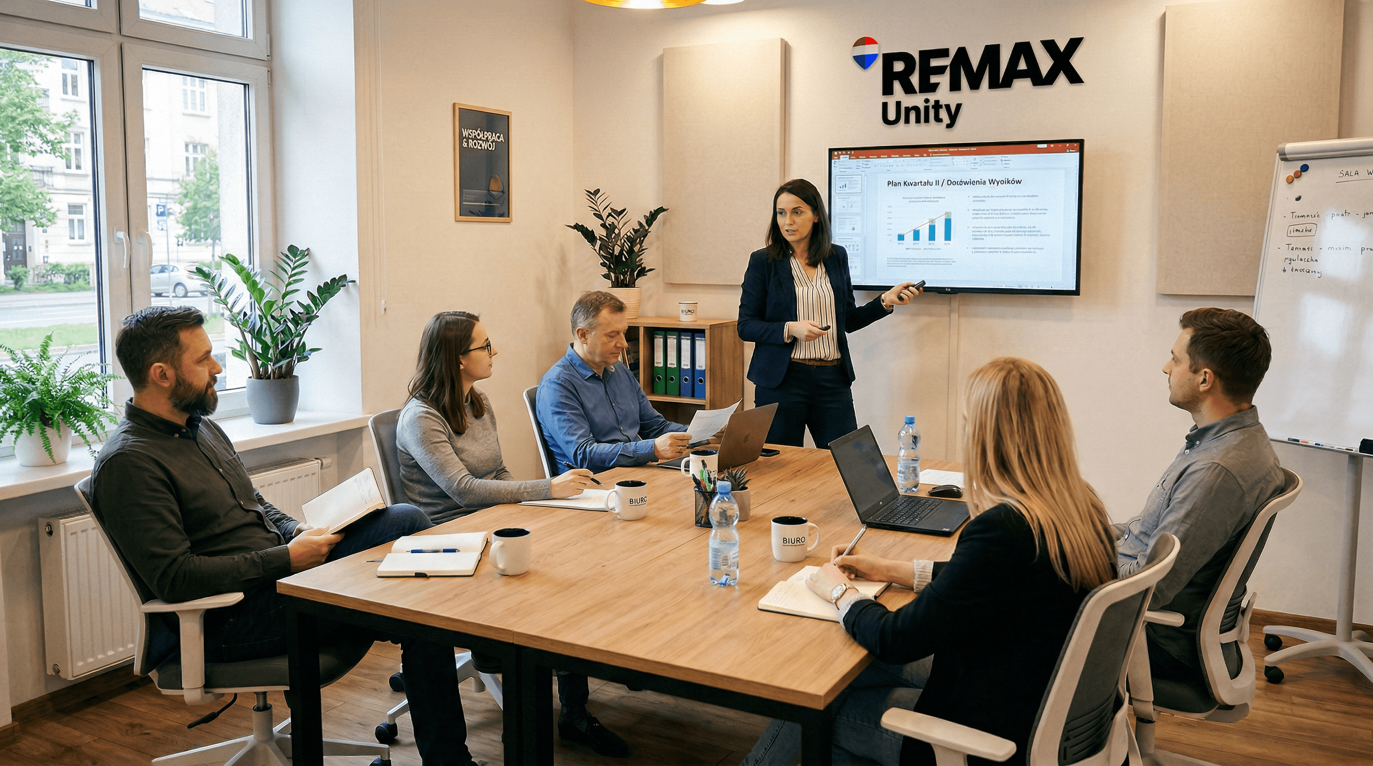 Zespół REMAX Unity podczas spotkania - kobieta prowadzi prezentację przy ekranie, a uczestnicy siedzą przy stole z laptopami.