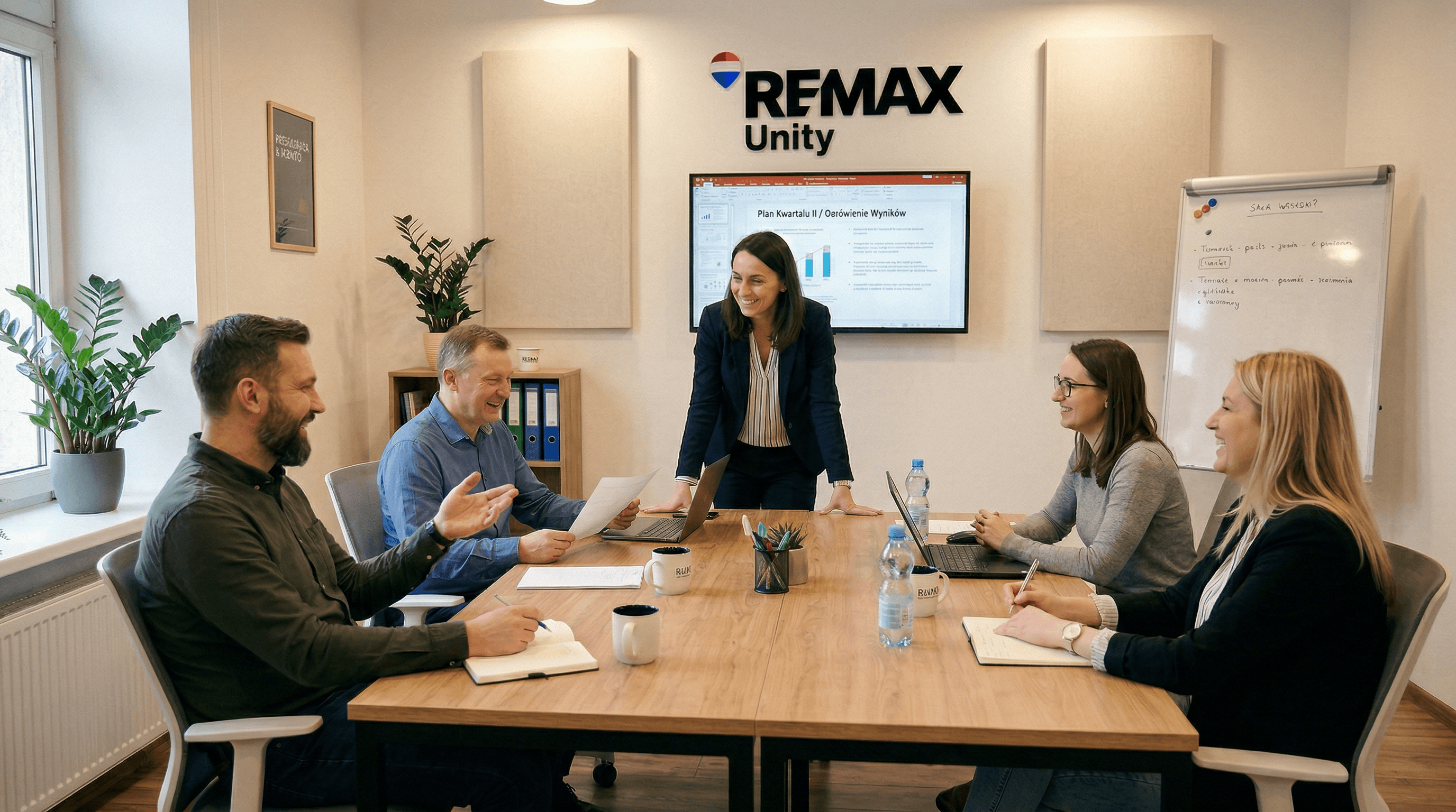 Spotkanie zespołu REMAX Unity w biurze - pięć osób przy stole, uśmiechnięta prowadząca stoi przy ekranie z prezentacją i tablicy.